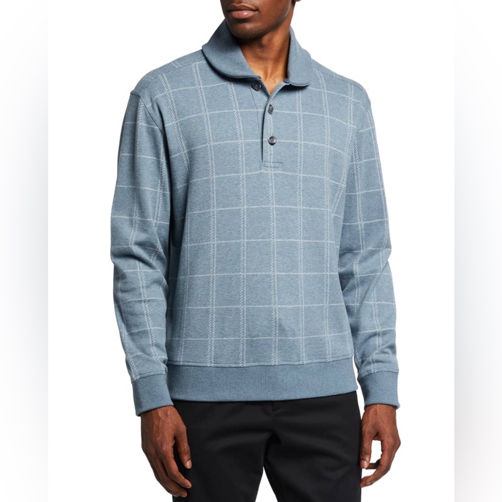 NEW $265 Vince Men’s Brushed Windowpane Long Sleeve Henley XL Blue/White